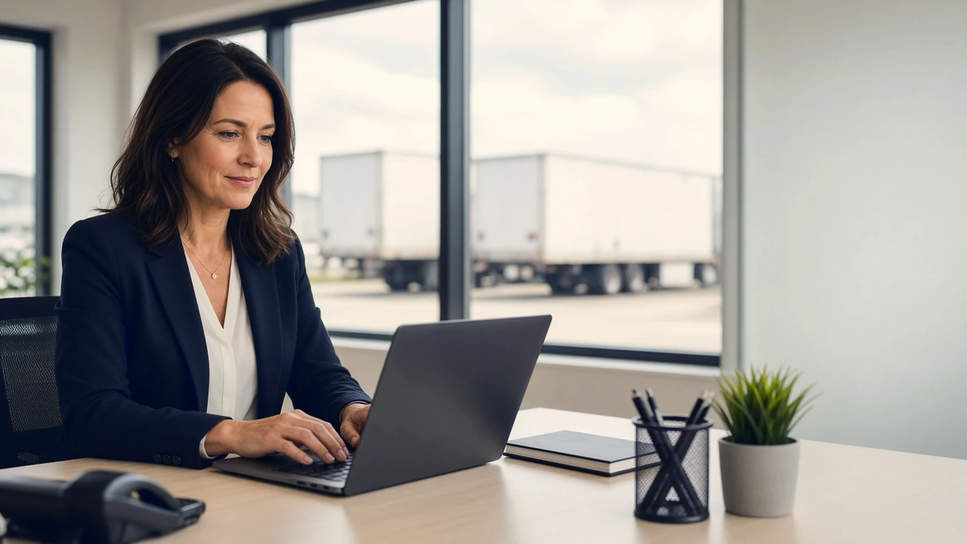 A recruiting manager working at a laptop, with trailers parked in the yard outside the window.